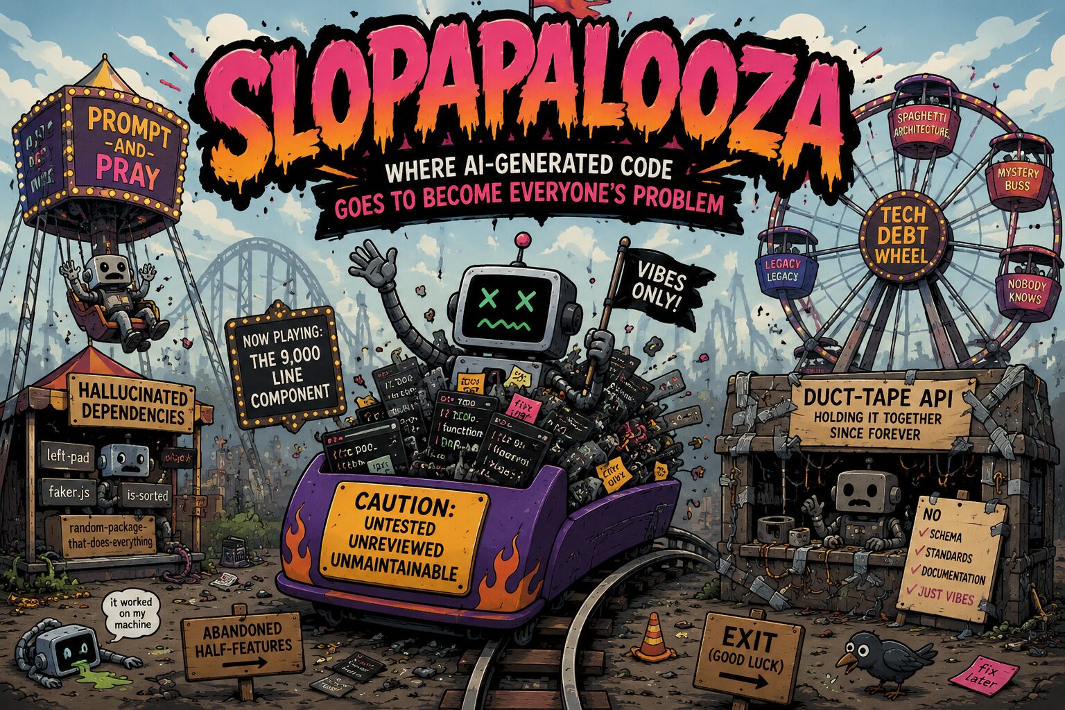 Slopapalooza — Where AI-generated code goes to become everyone's problem. A chaotic theme park of AI coding anti-patterns: Prompt & Pray swing ride, the 9,000-line component roller coaster, the Tech Debt Ferris wheel, the Duct-Tape API stand, and Hallucinated Dependencies booth.